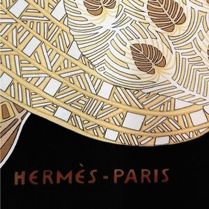 Hermes Silk Scarf in Black, Tan, Gold and White